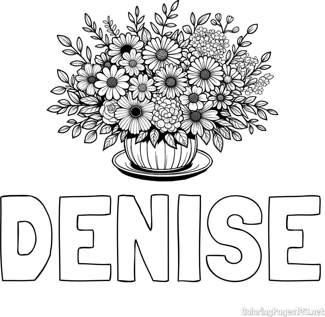 DENISE Coloring Page and Beautiful Bouquet of Flowers Coloring Page