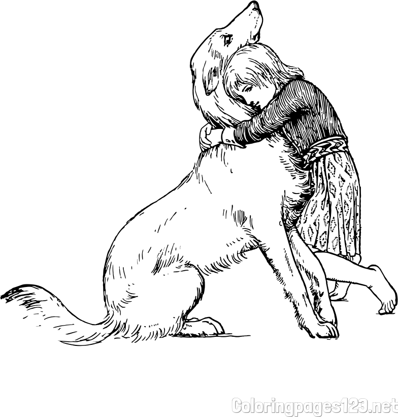 Coloring Page of an Adorable Dog Being Embraced by a Little Girl