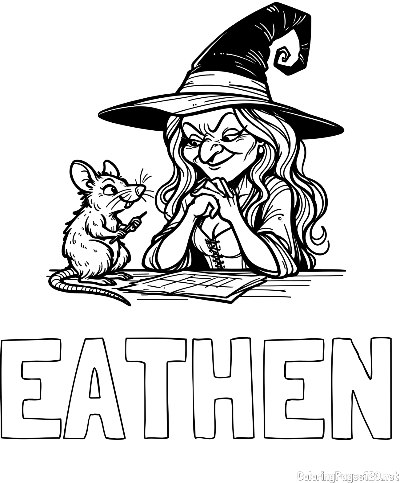 EATHEN Coloring Page and Coloring Page of an Evil Witch and a Rat