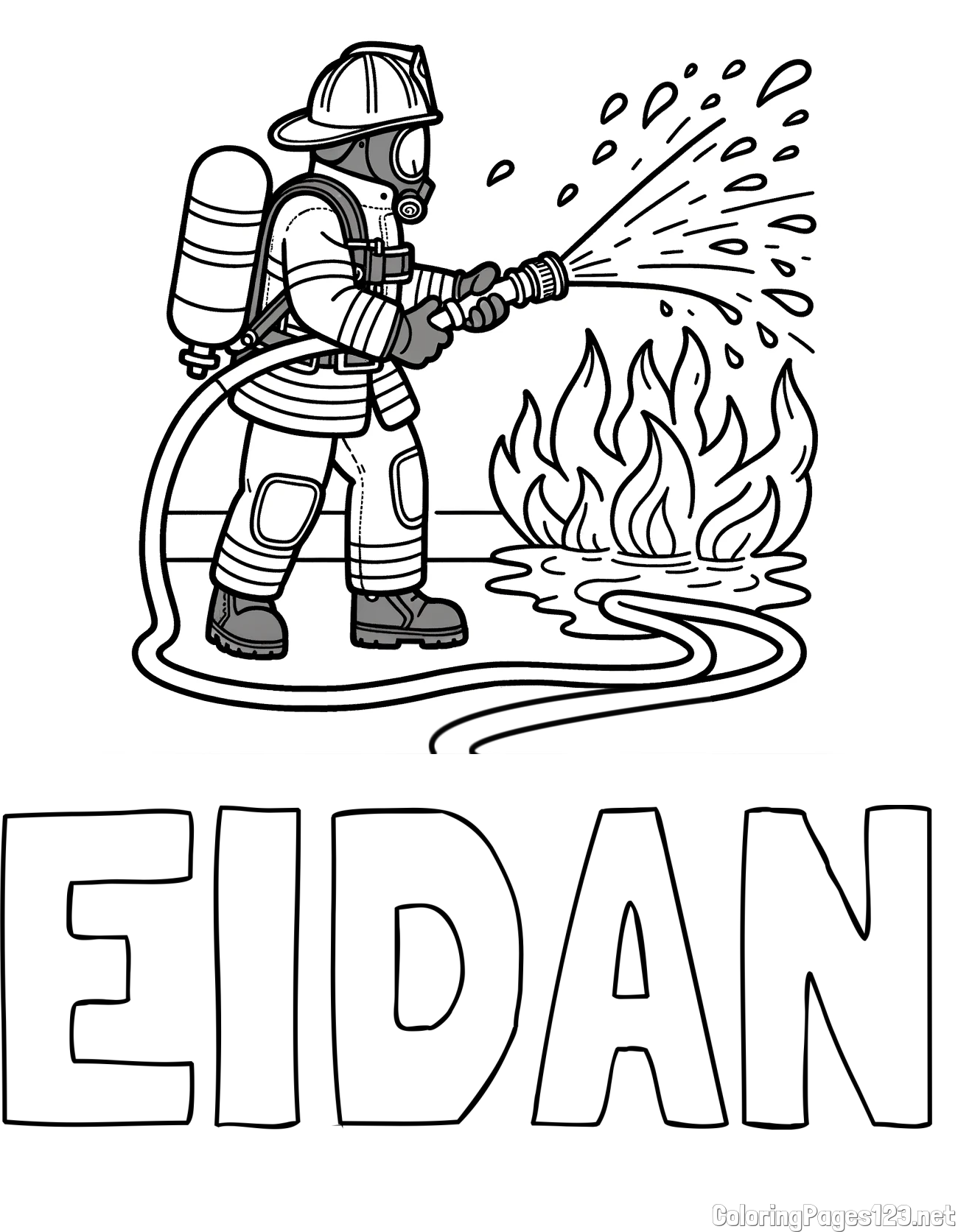 EIDAN Coloring Page and A coloring page of a firefighter and a big fire