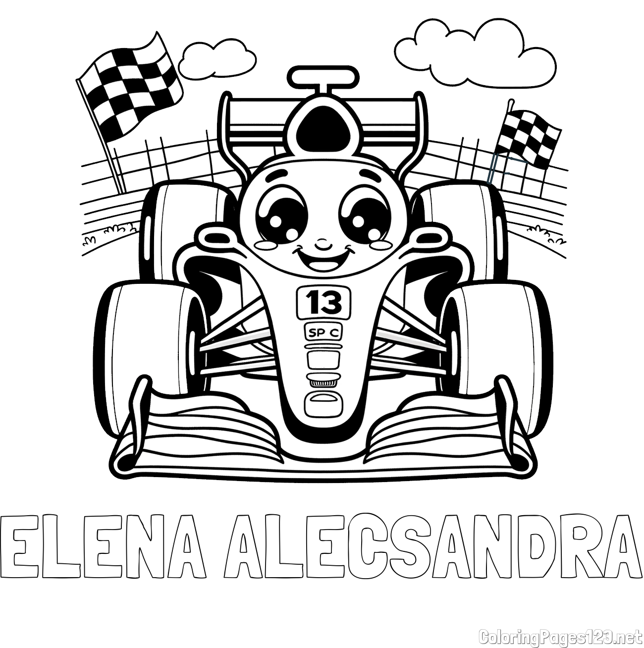 ELENA ALECSANDRA Coloring Page and Children's Coloring Page of a Smiling Formula One Car