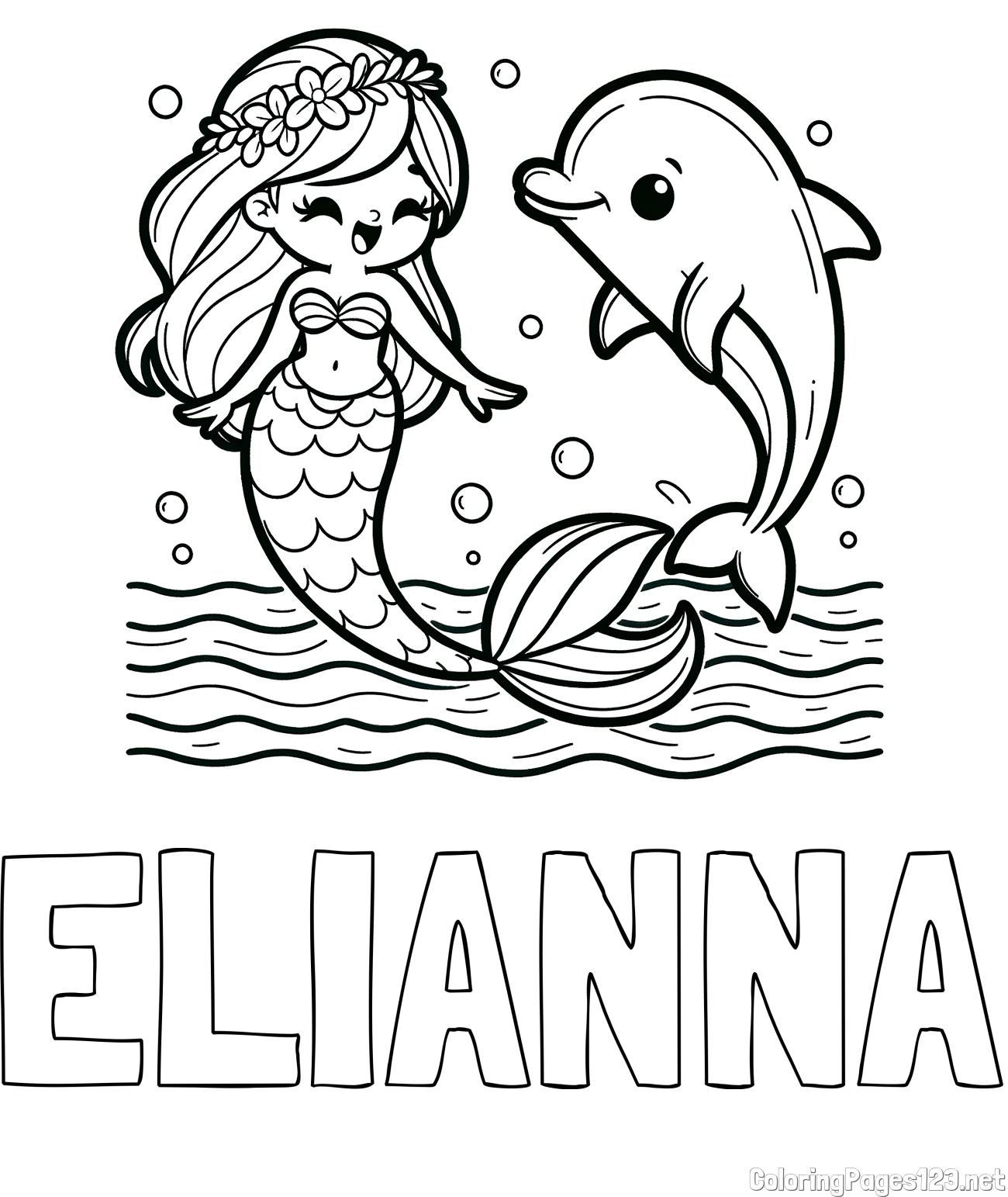 ELIANNA Coloring Page alongside Coloring Page of a Cute Mermaid Dancing with a Dolphin