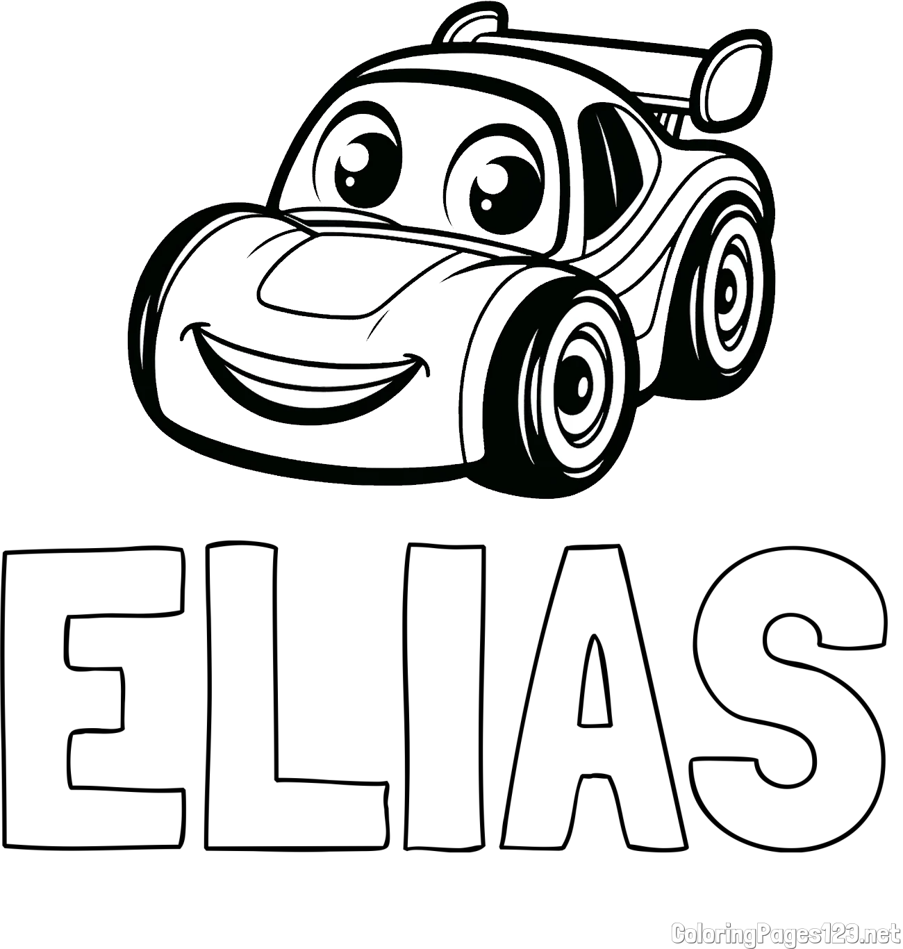 ELIAS Coloring Page and Children's Printable Coloring Page of a Racing Car