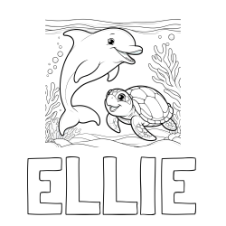 ELLIE Coloring Page and Coloring Book of a Cute Dolphin with a Turtle in the Sea