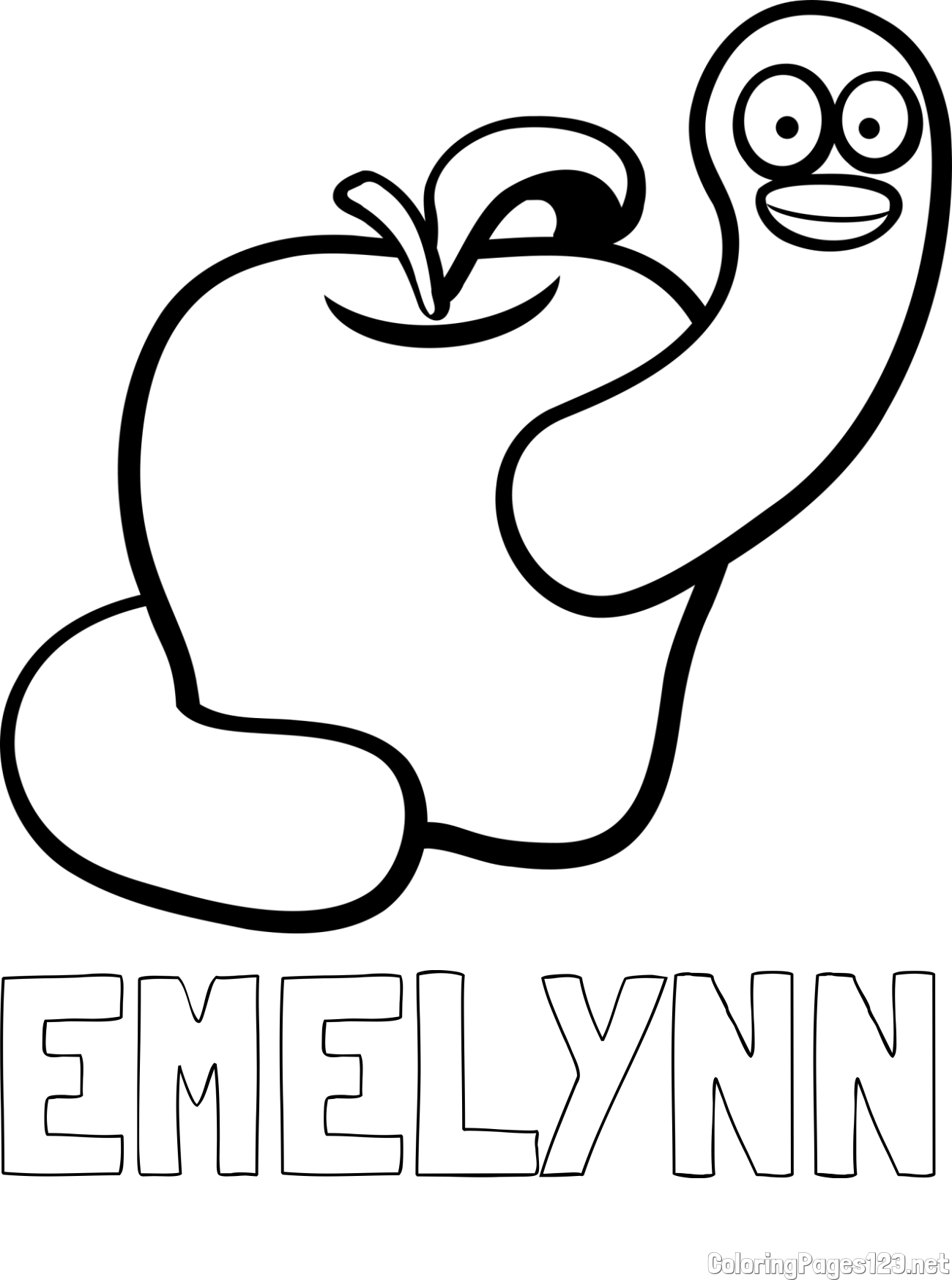 EMELYNN Coloring Page and Apple and Smiling Worm Coloring Page