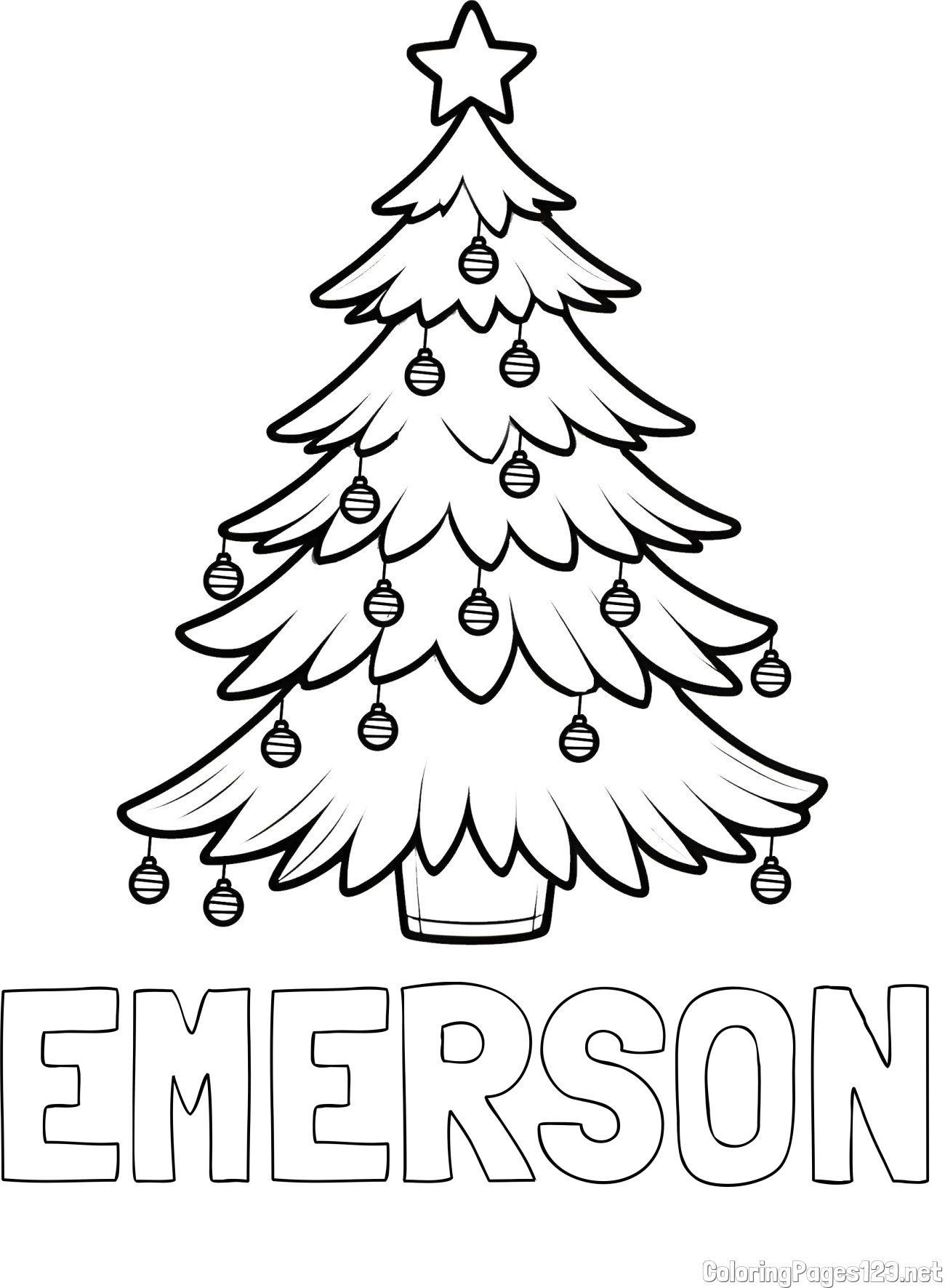 EMERSON Coloring Page and Christmas Tree with Star and Ornaments Coloring Page