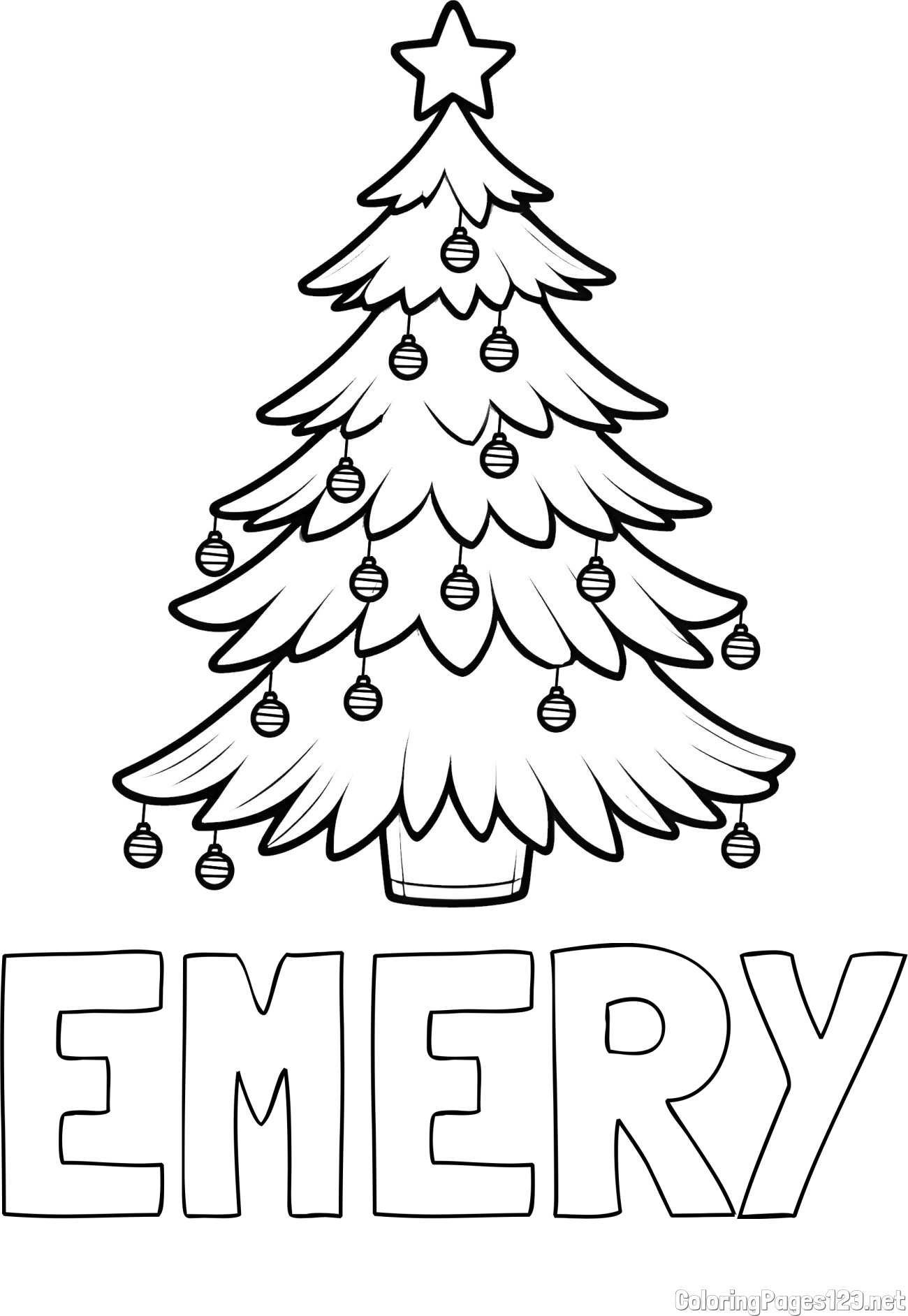 EMERY Coloring Page and Christmas Tree with Star and Ornaments Coloring Page