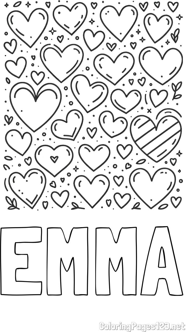 EMMA Coloring Page and Children's Coloring Page of Many Hearts