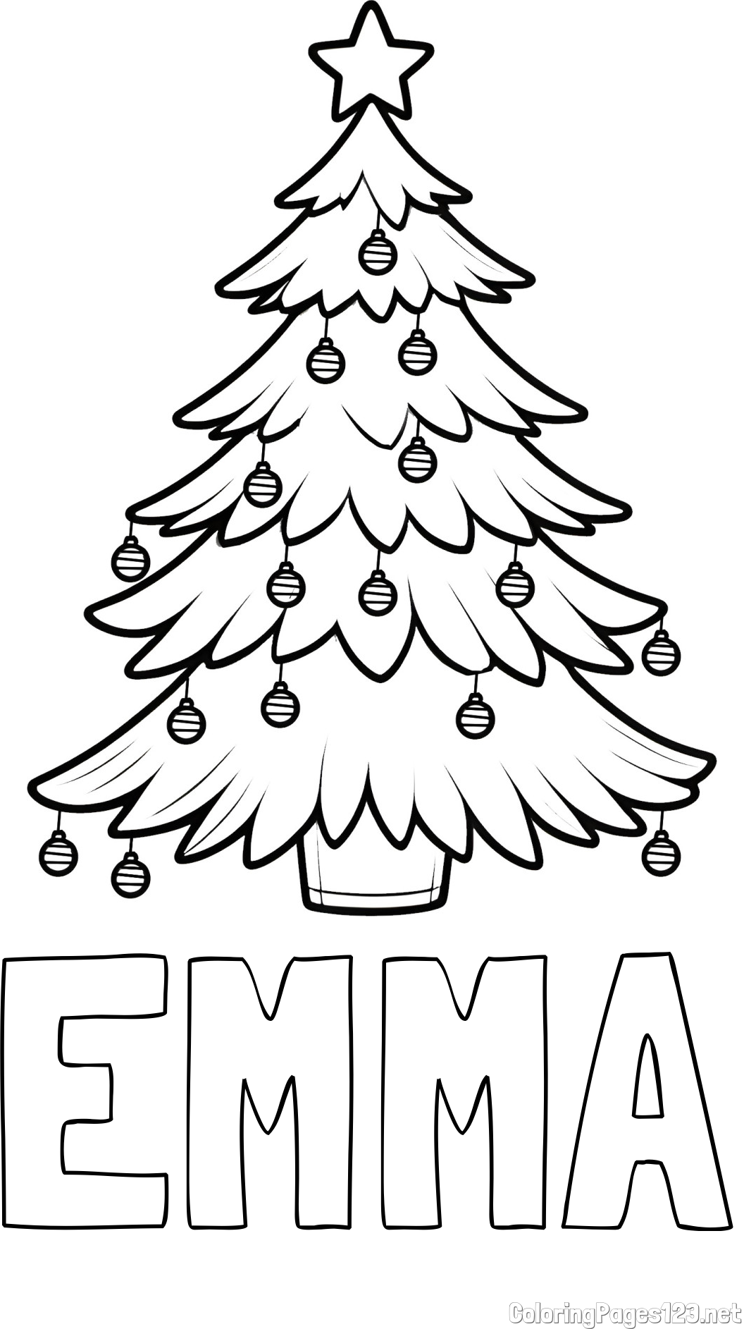 EMMA Coloring Page and Christmas Tree with Star and Ornaments Coloring Page