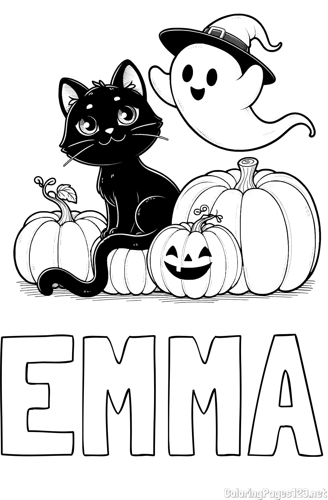 EMMA Coloring Page and Halloween Pumpkin Coloring Page for Kids - Happy Cat, Ghost, and Pumpkins