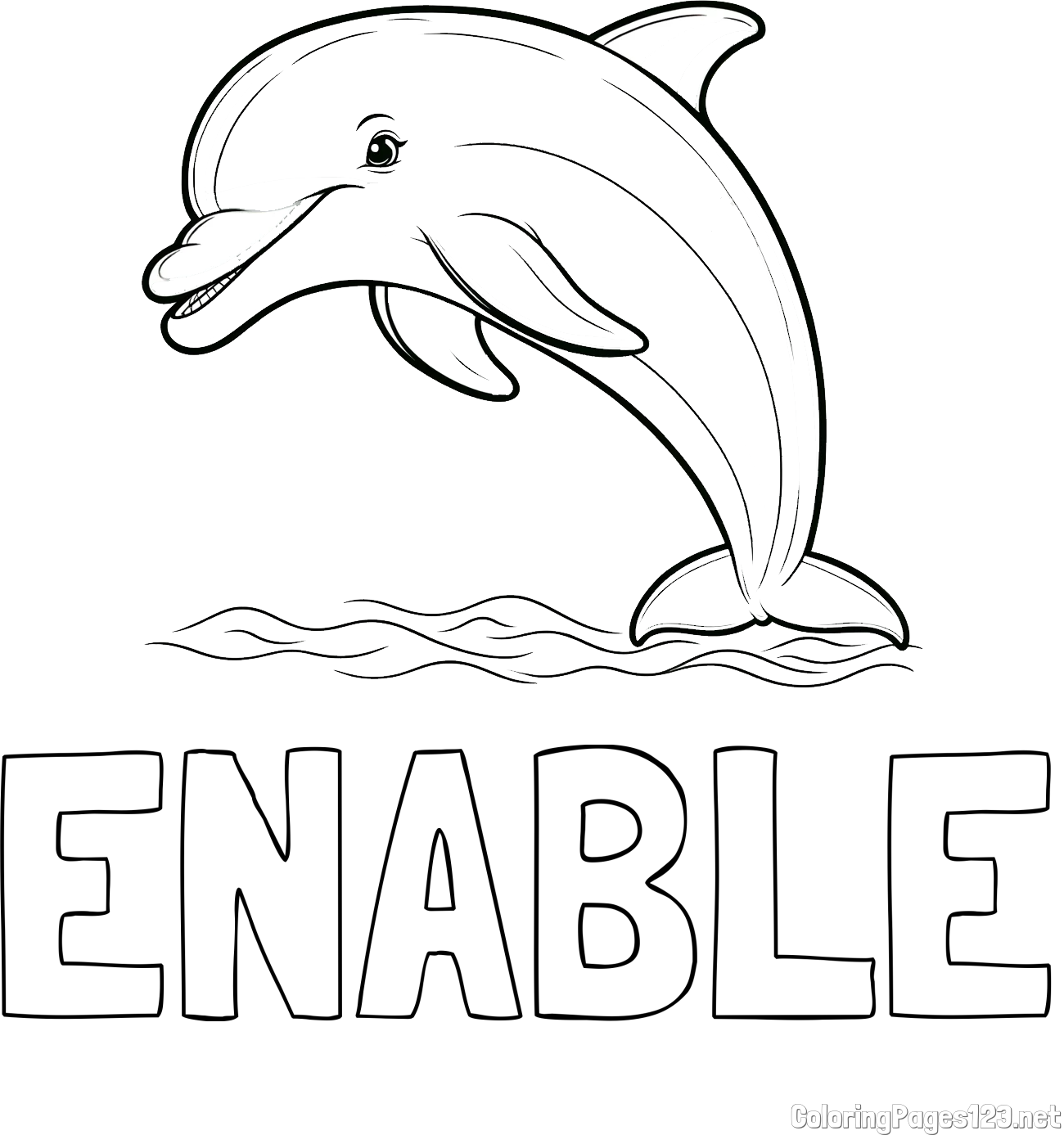 ENABLE Coloring Page and Children's Coloring Page of a Smiling Dolphin Jumping