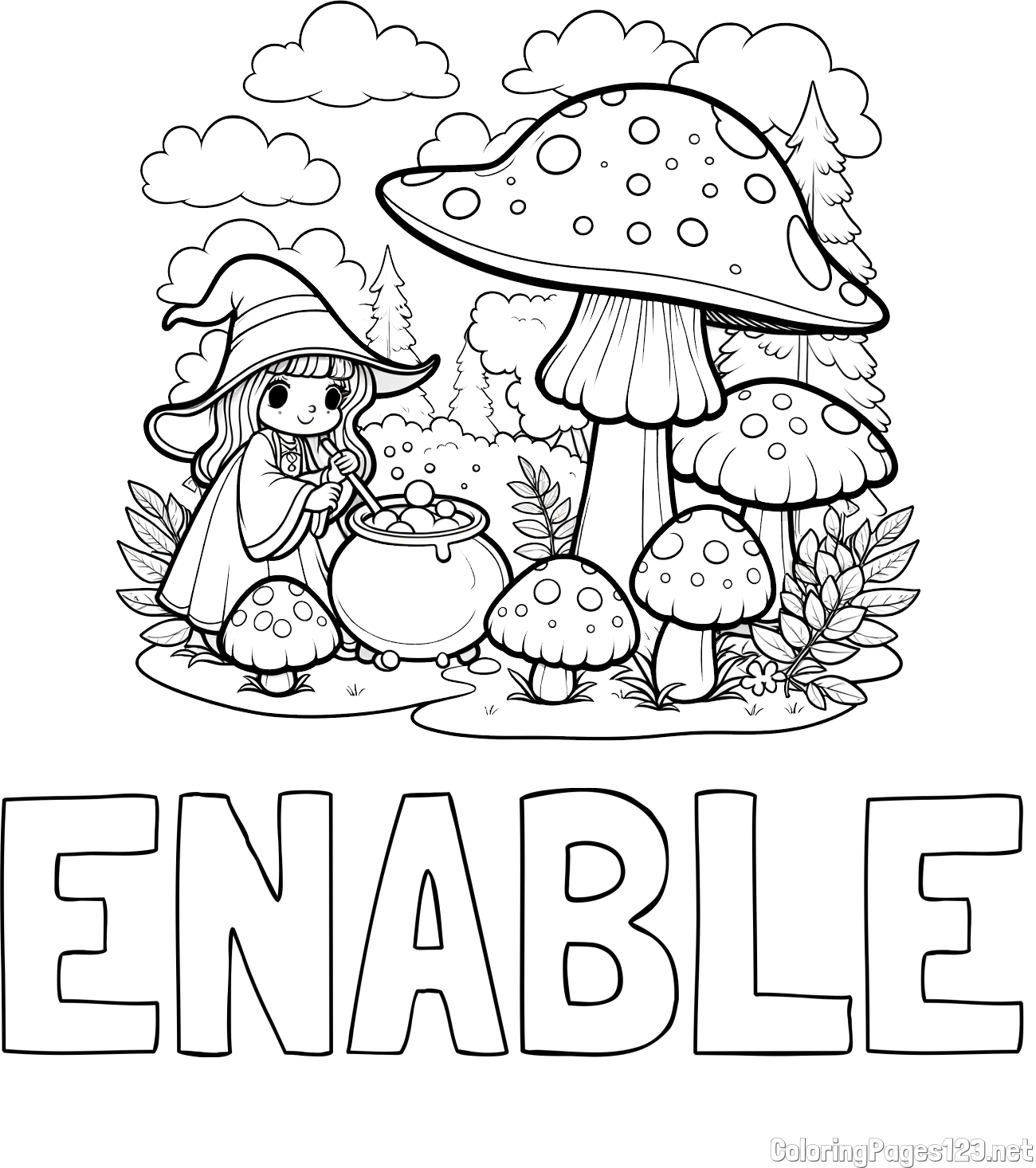 ENABLE Coloring Page and Coloring Page of a Cute Witch, Mushrooms, and a Forest