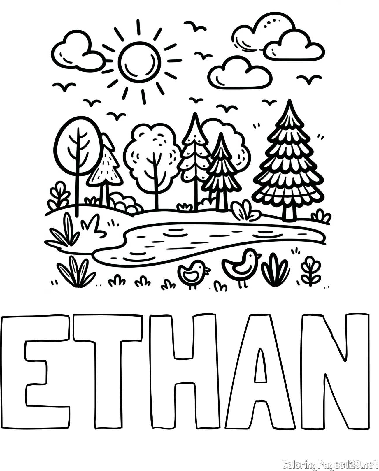 ETHAN Coloring Page and Summer Coloring Page - Pond, Ducks and Forest