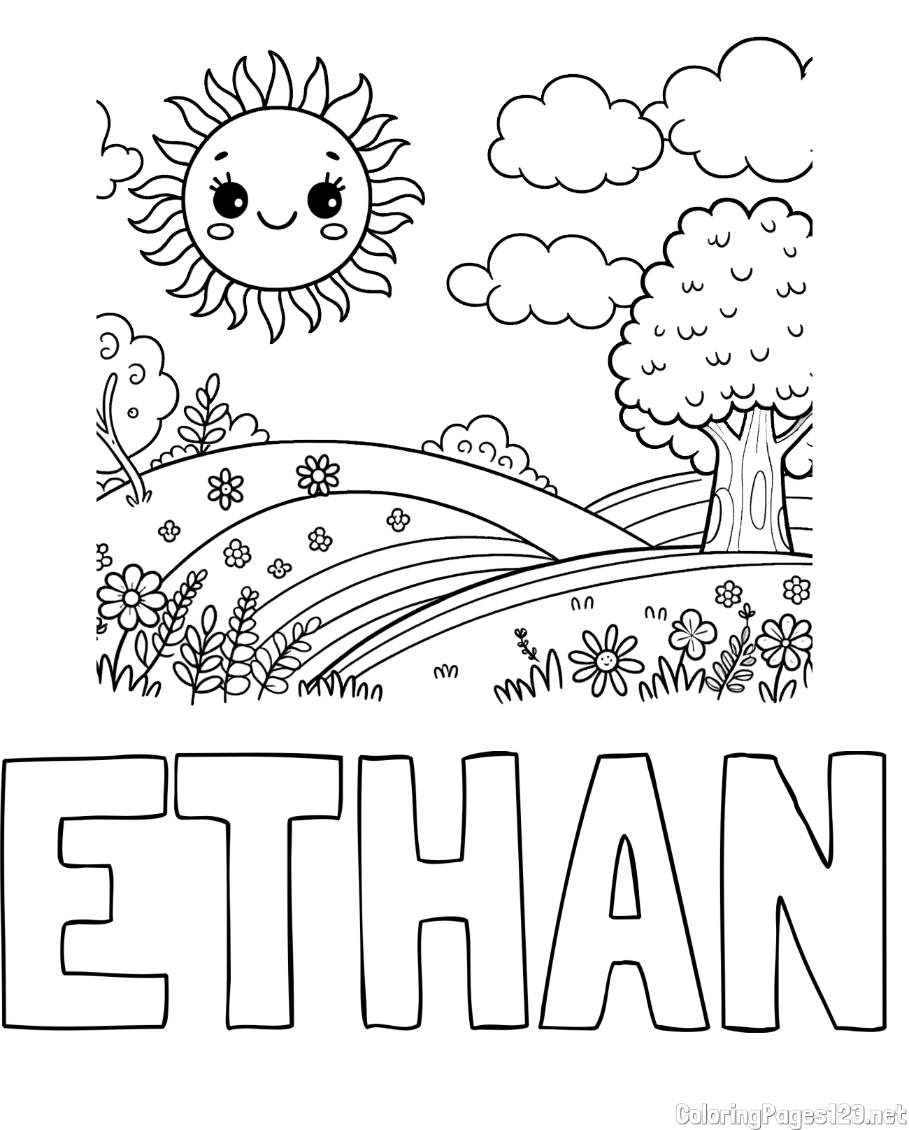 ETHAN Coloring Page and Sunny Nature Coloring Page
