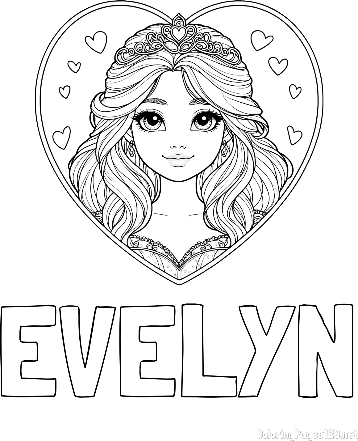EVELYN Coloring Page alongside Coloring Page of a Smiling Princess with Big Eyes in a Heart