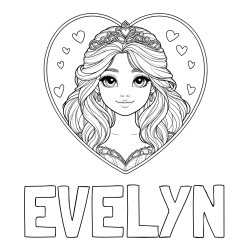 Online Created Coloring Page - EVELYN Coloring Page alongside Coloring Page of a Smiling Princess with Big Eyes in a Heart