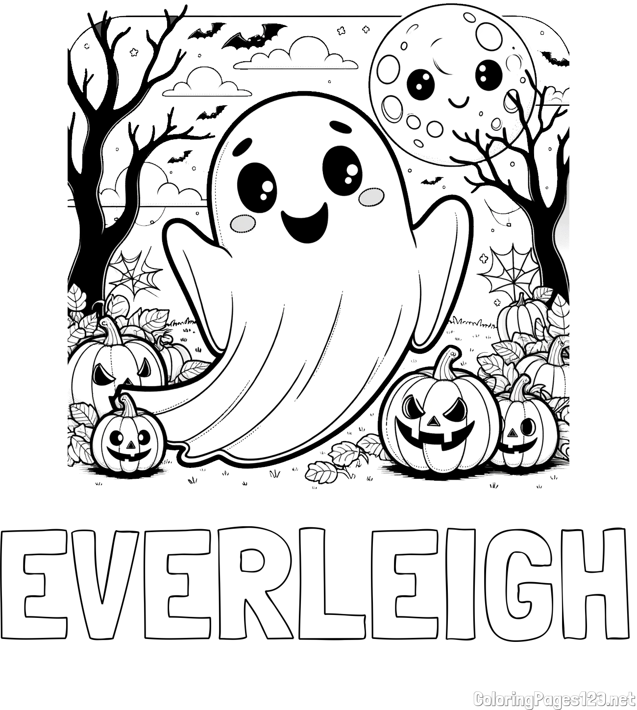 EVERLEIGH Coloring Page and Halloween Coloring Page of a Ghost with Pumpkins