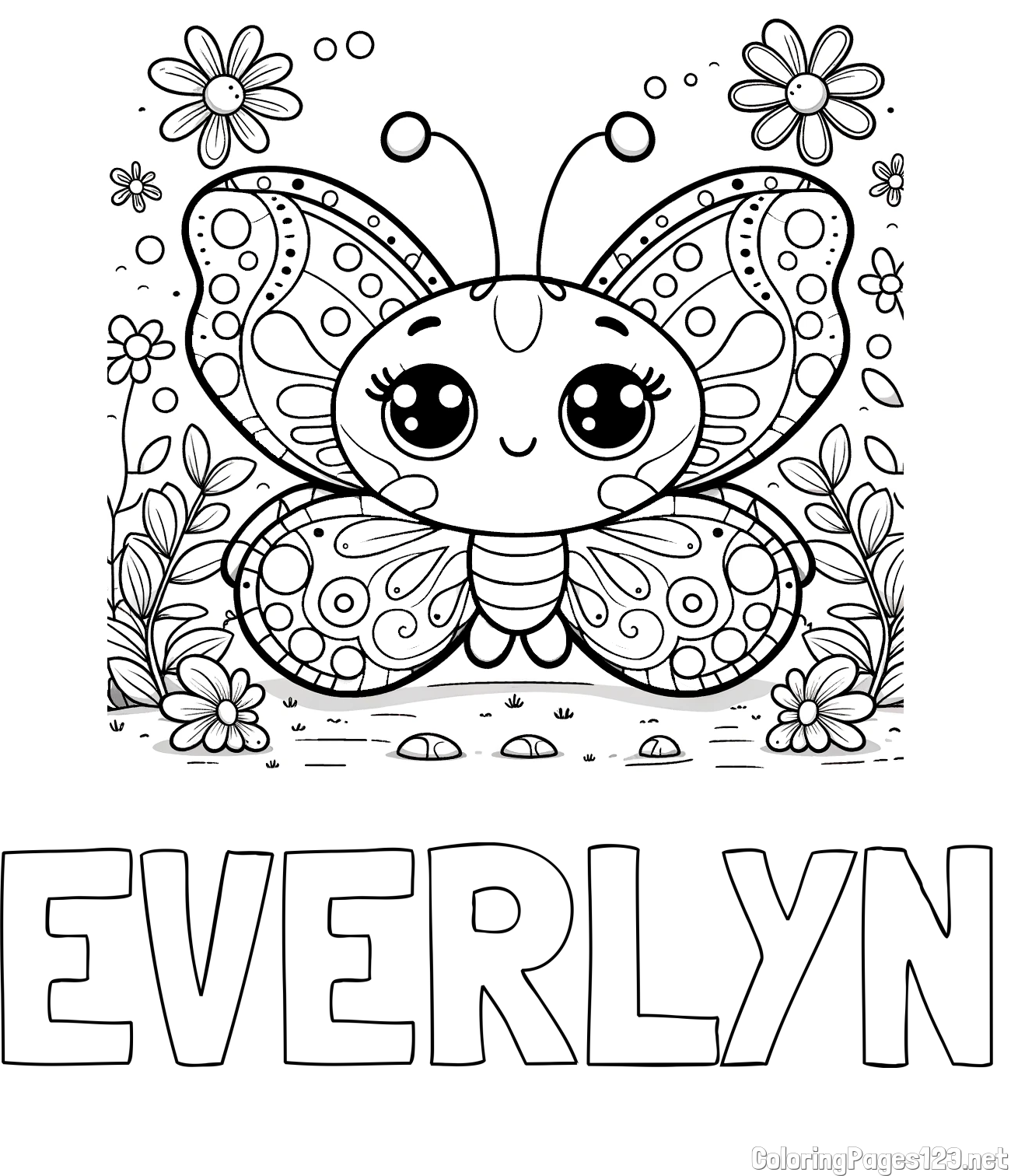 EVERLYN Coloring Page and Cute Butterfly Coloring Page
