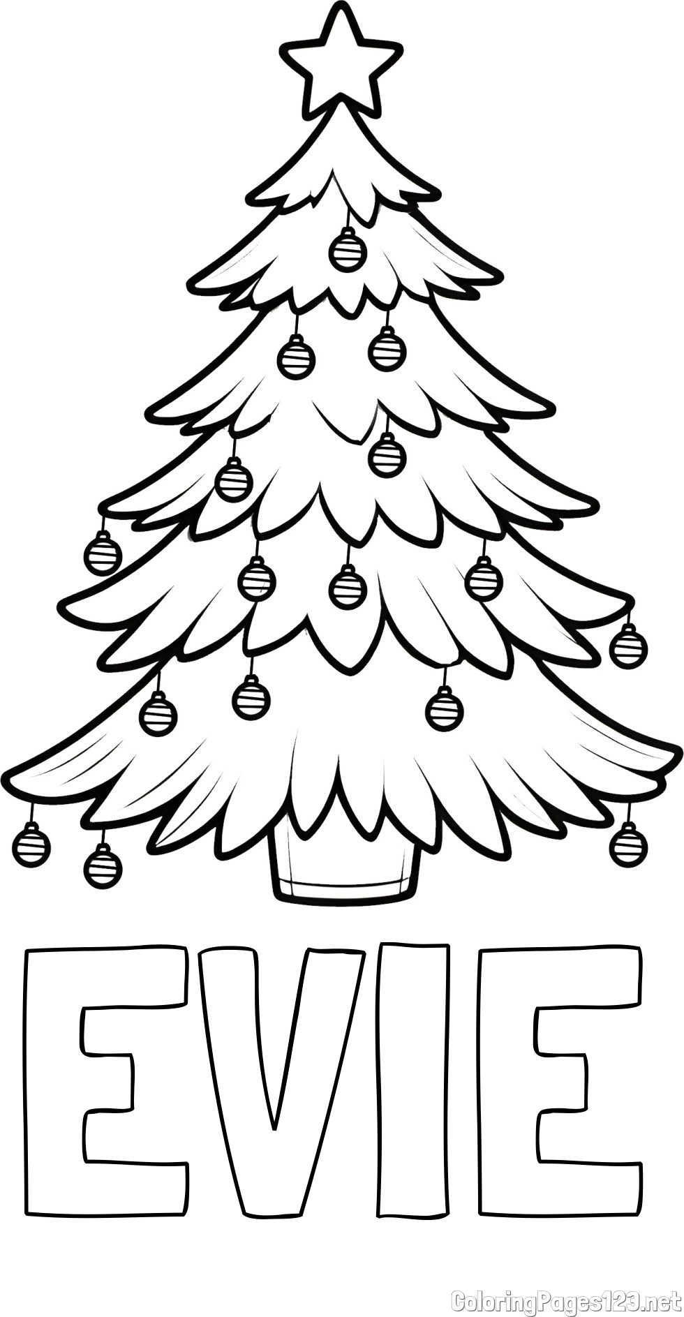 EVIE Coloring Page and Christmas Tree with Star and Ornaments Coloring Page