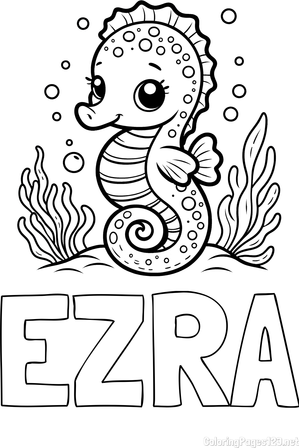 EZRA Coloring Page alongside Cute Seahorse Coloring Page