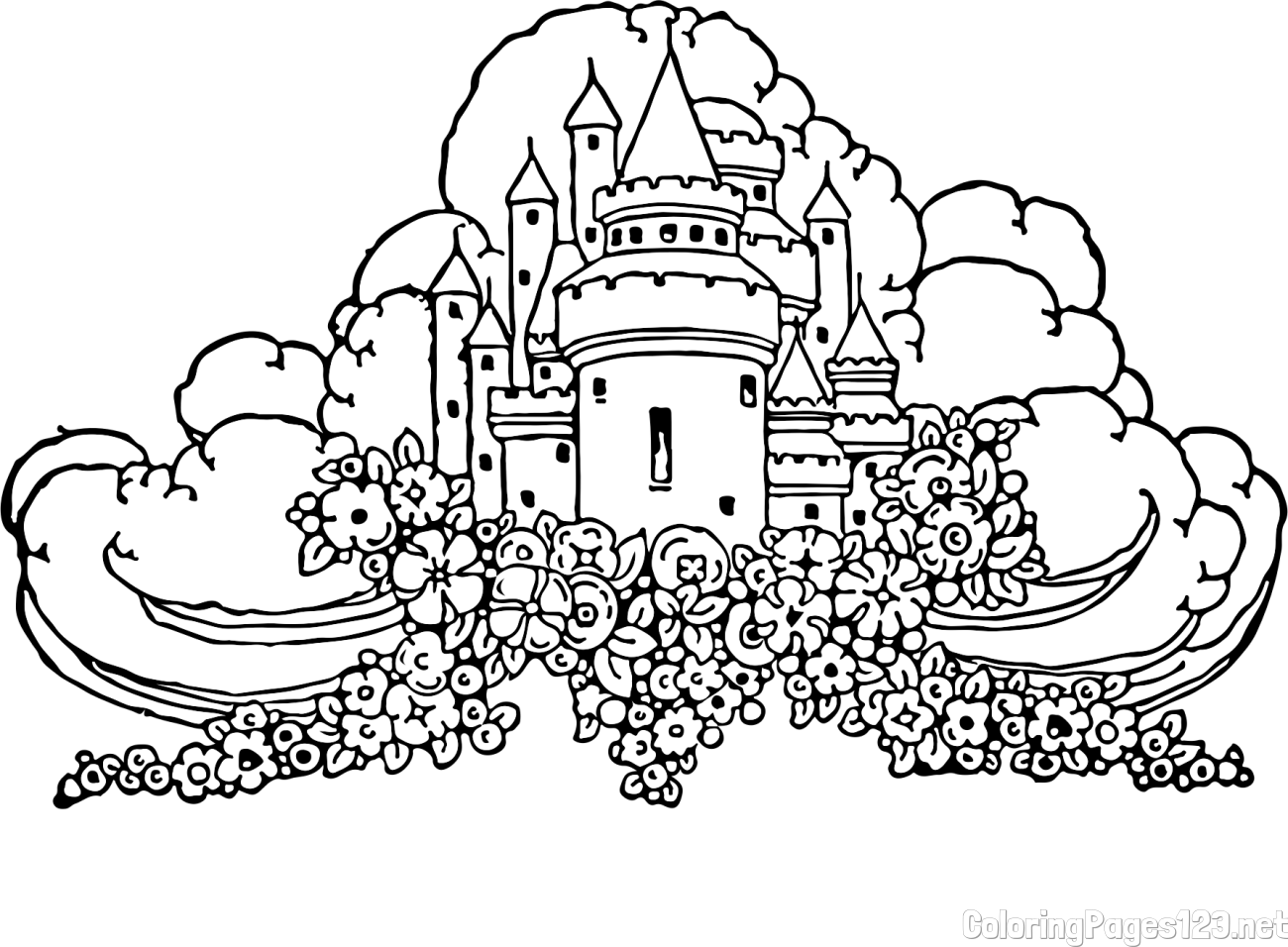 Fairytale Castle Coloring Page - Surrounded by Clouds and Flowers