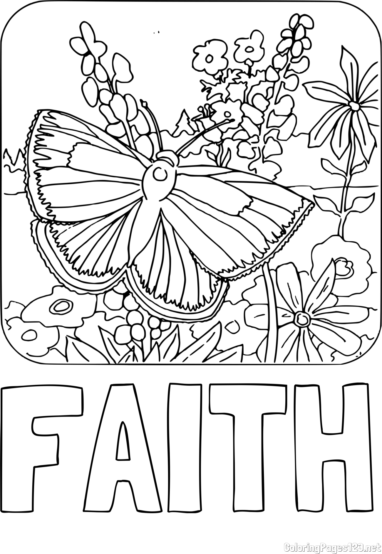 FAITH Coloring Page and Butterfly on Flower Coloring Page