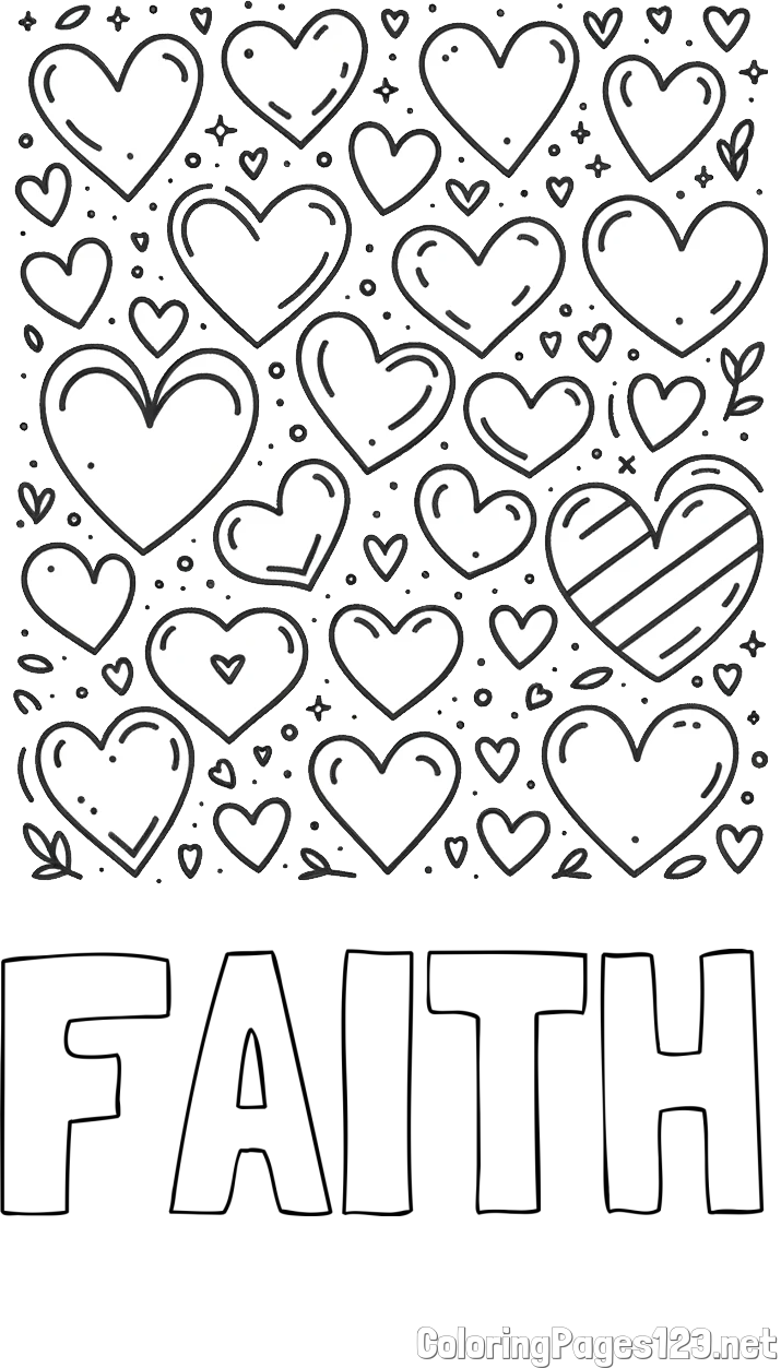 FAITH Coloring Page and Children's Coloring Page of Many Hearts