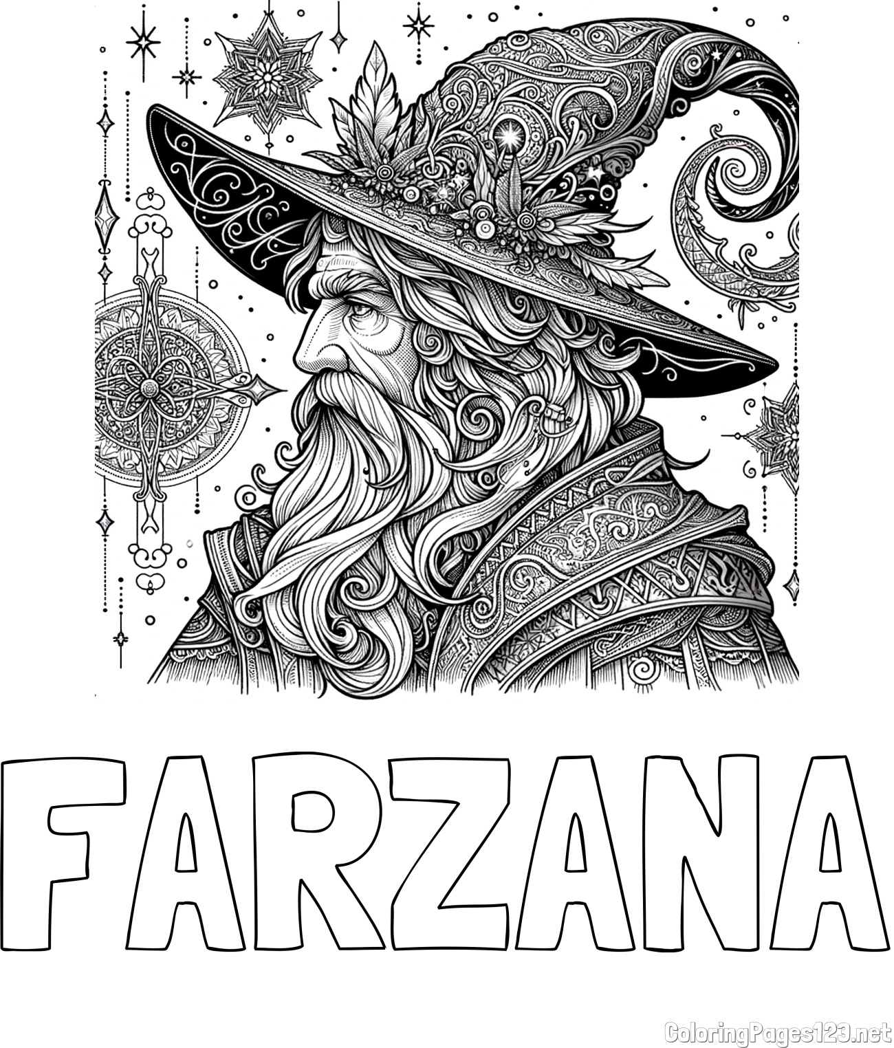 FARZANA Coloring Page and Wonderful Coloring Page of a Wizard