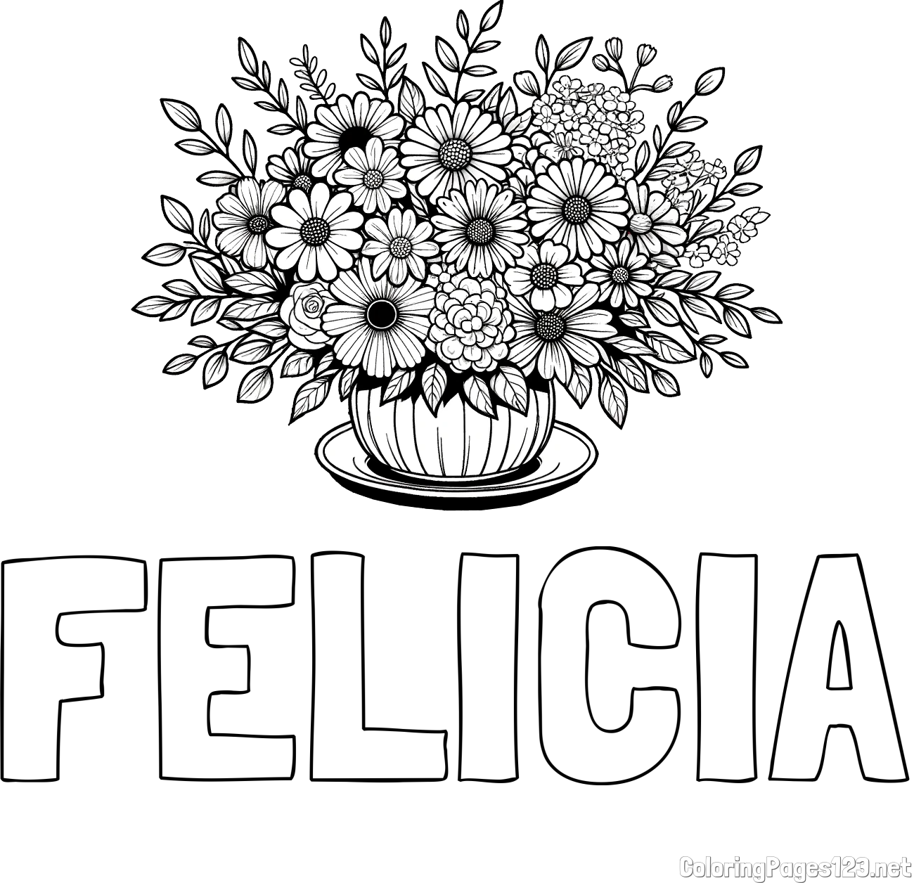 FELICIA Coloring Page and Beautiful Bouquet of Flowers Coloring Page