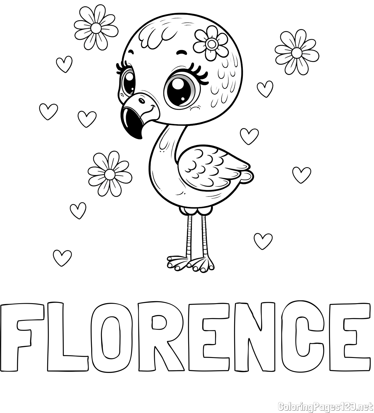 FLORENCE Coloring Page and Coloring Page of a Cute Flamingo with Flowers