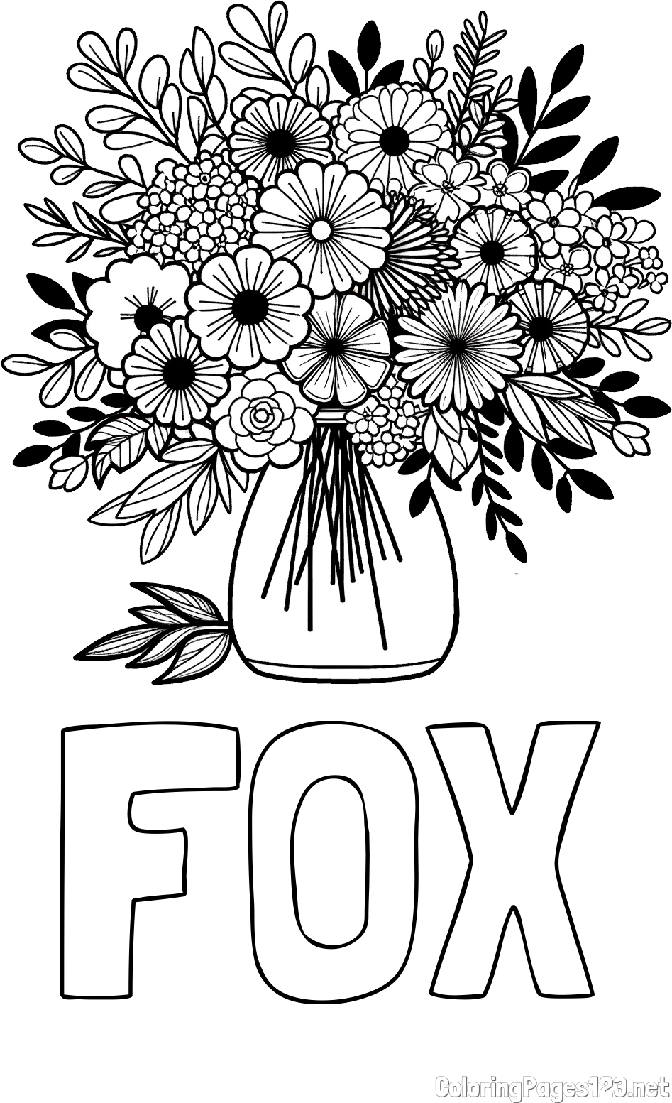 FOX Coloring Page and Flower Bouquet Coloring Page