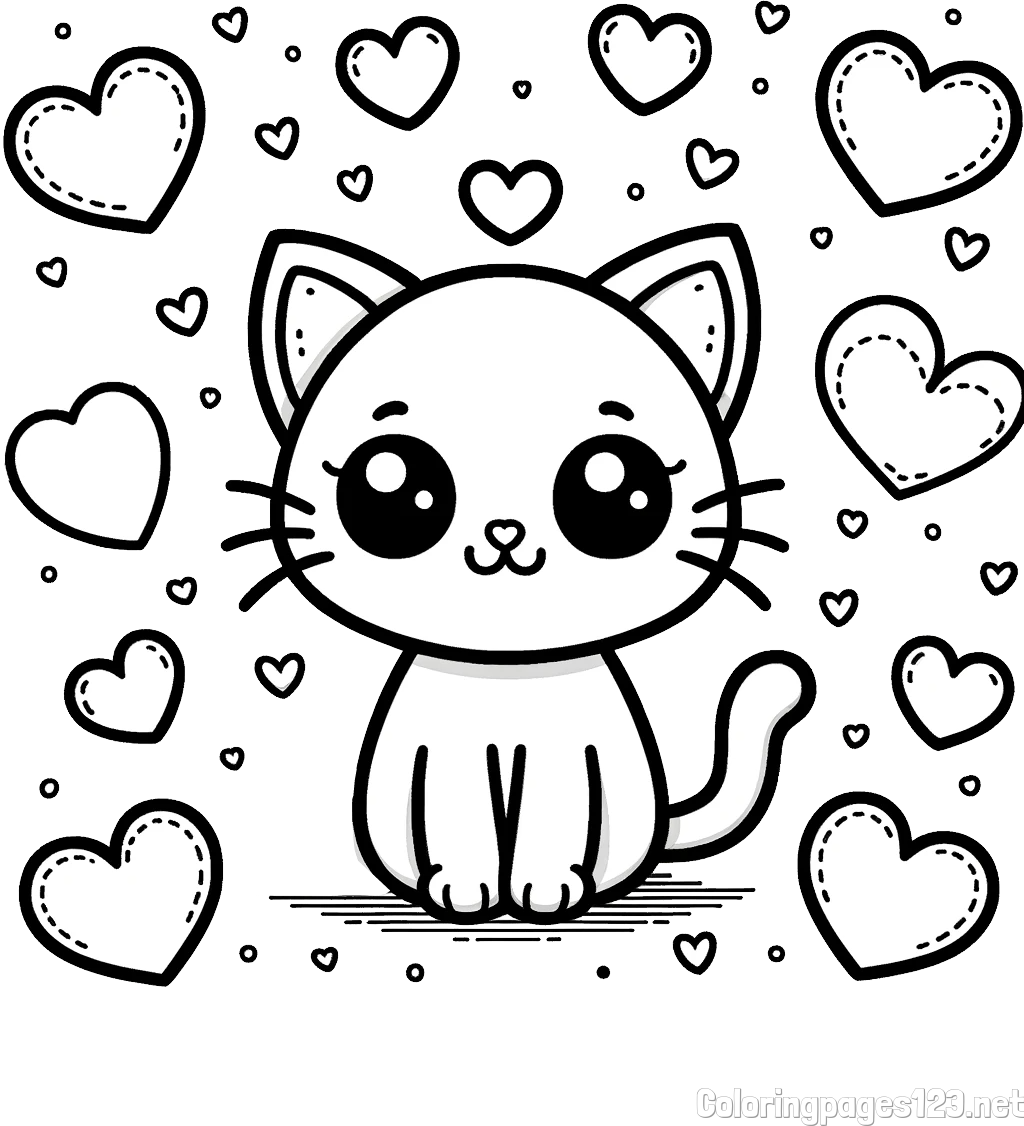 Free Coloring Page of a Cat and Hearts