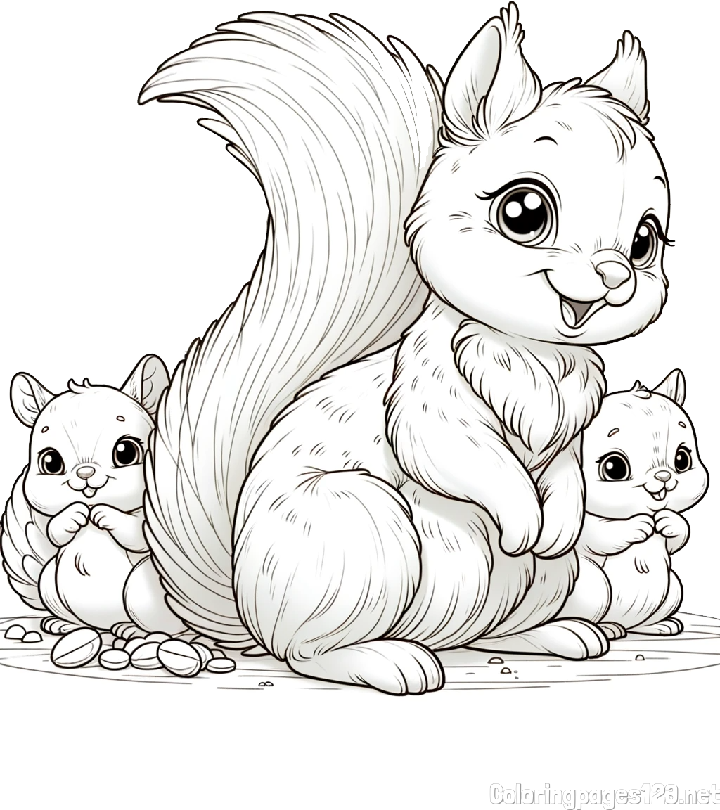 Free Printable Coloring Page of a Squirrel and Pups