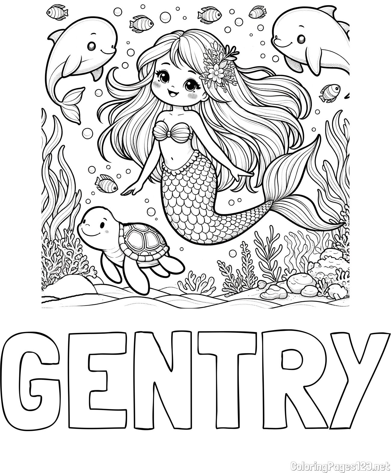 GENTRY Coloring Page and Coloring Page of a Cute Mermaid with Friends