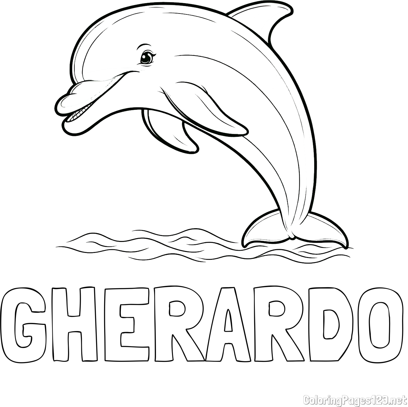 GHERARDO Coloring Page and Children's Coloring Page of a Smiling Dolphin Jumping