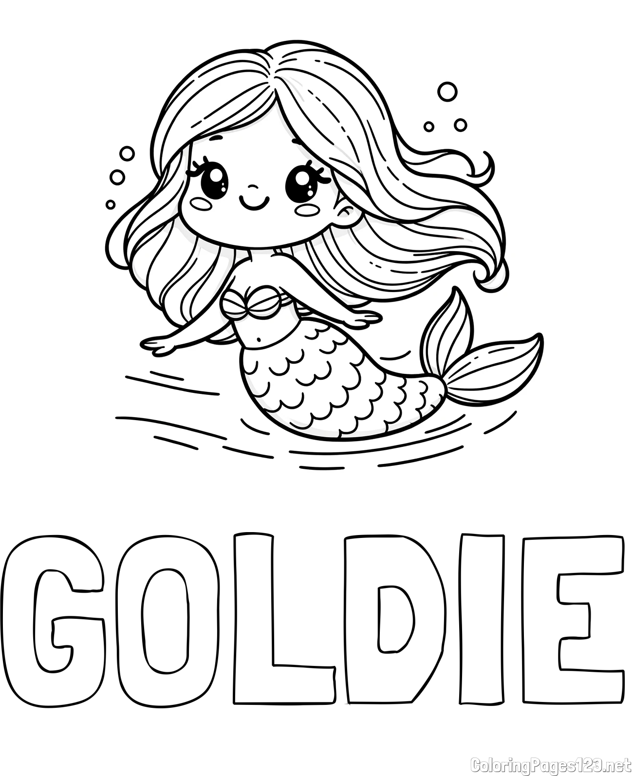 GOLDIE Coloring Page and Coloring Page of a Cute Mermaid