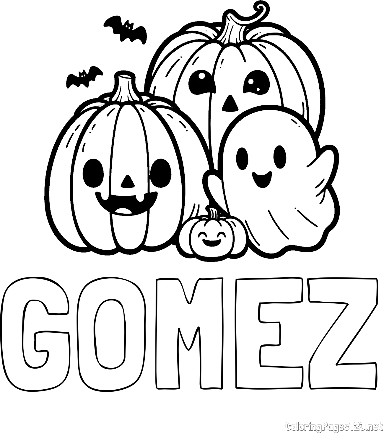 GOMEZ Coloring Page and Halloween Pumpkin and Ghost Coloring Page