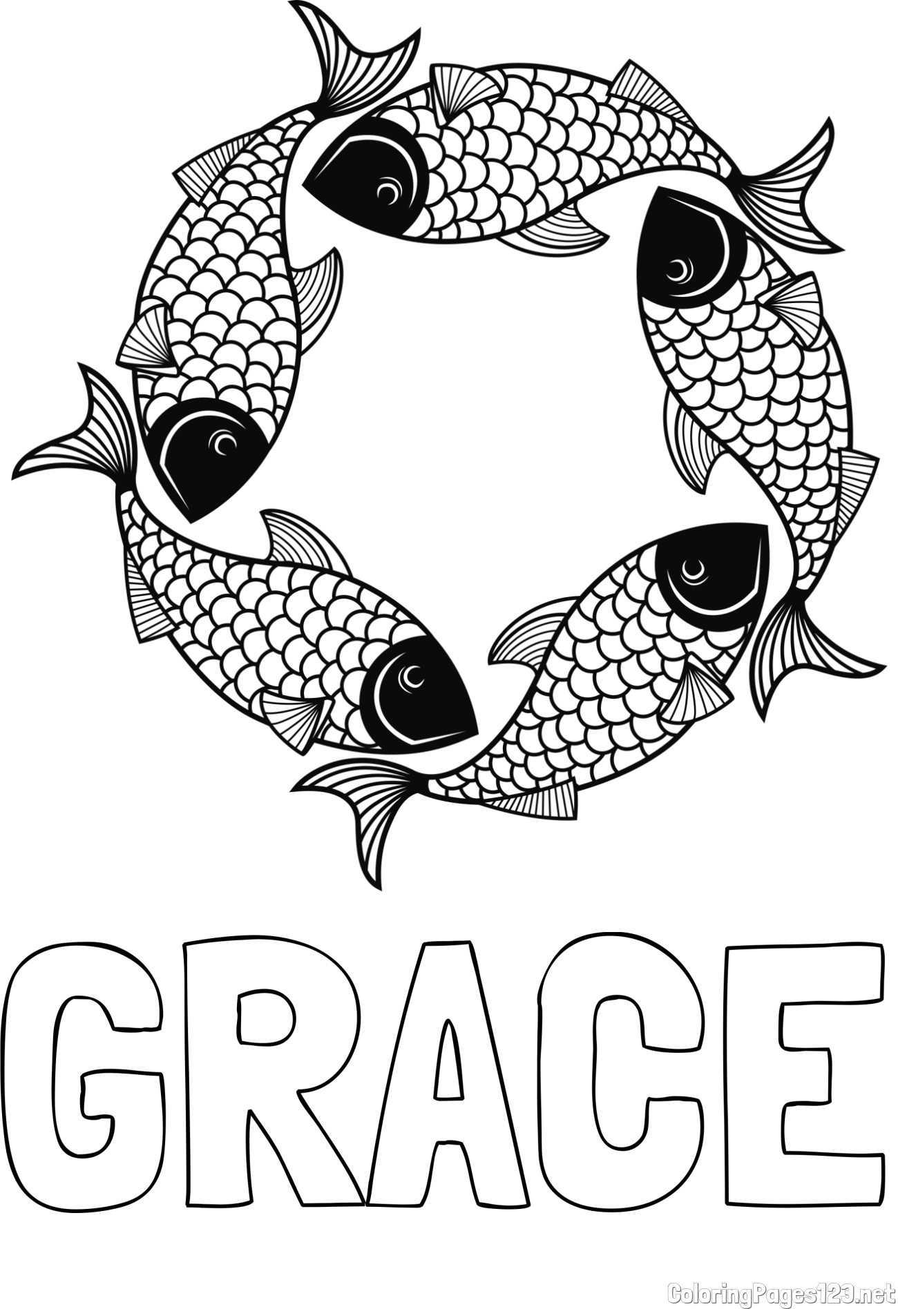 GRACE Coloring Page and Mandala Coloring Page of Fishes
