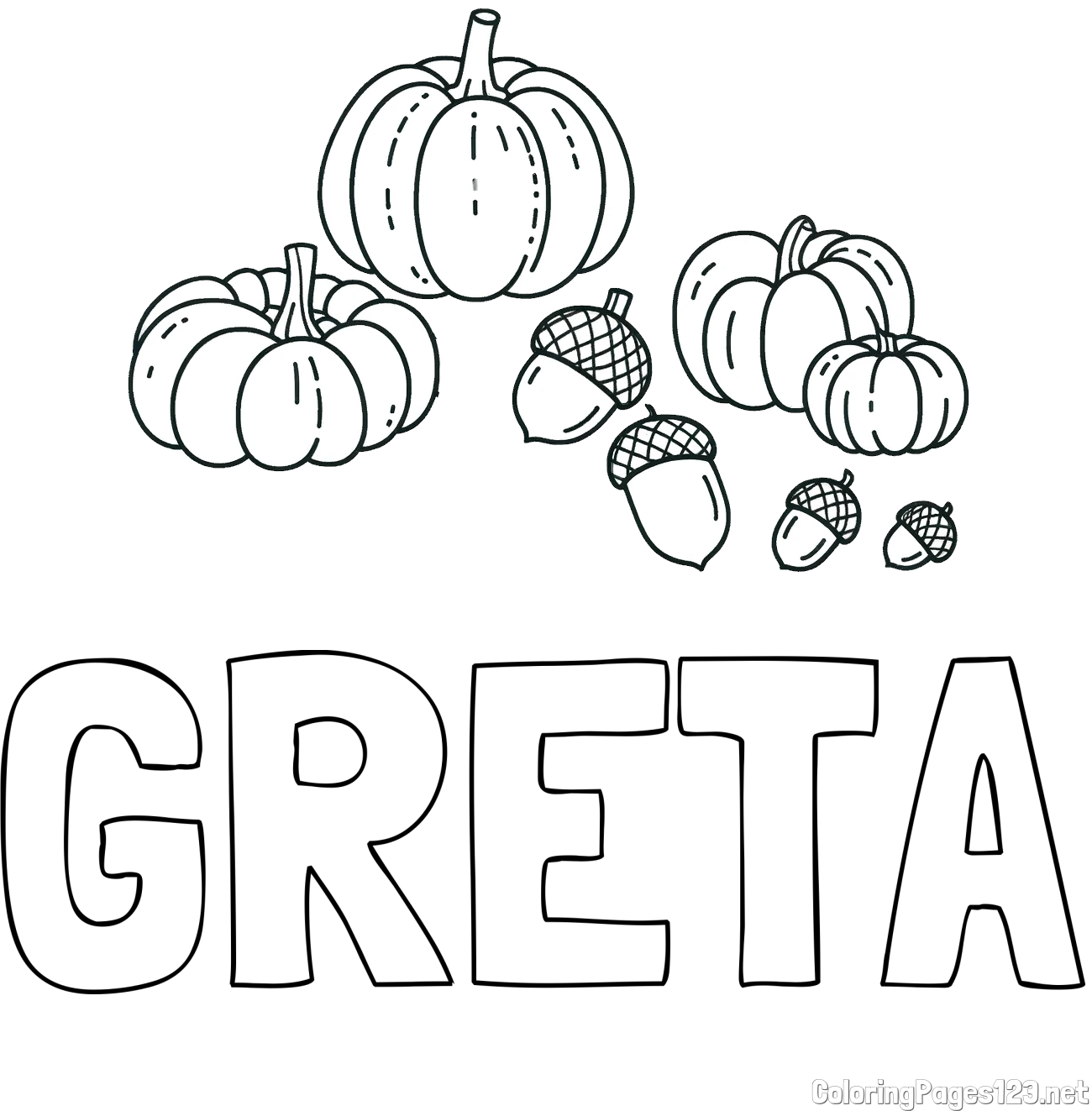 GRETA Coloring Page and Autumn Harvest Coloring Page - Acorns and Pumpkins