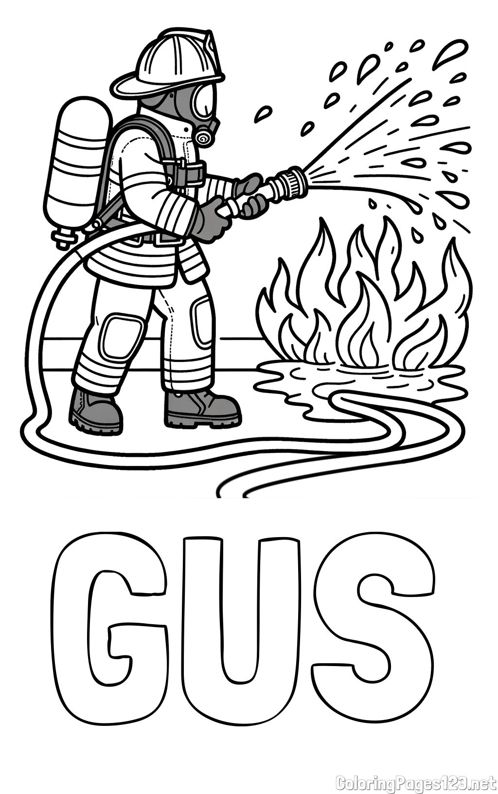 GUS Coloring Page and A coloring page of a firefighter and a big fire