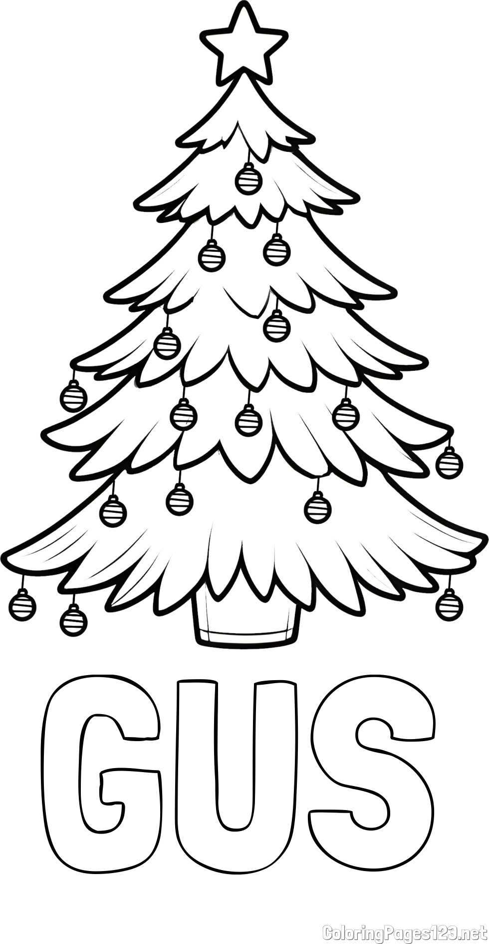 GUS Coloring Page and Christmas Tree with Star and Ornaments Coloring Page