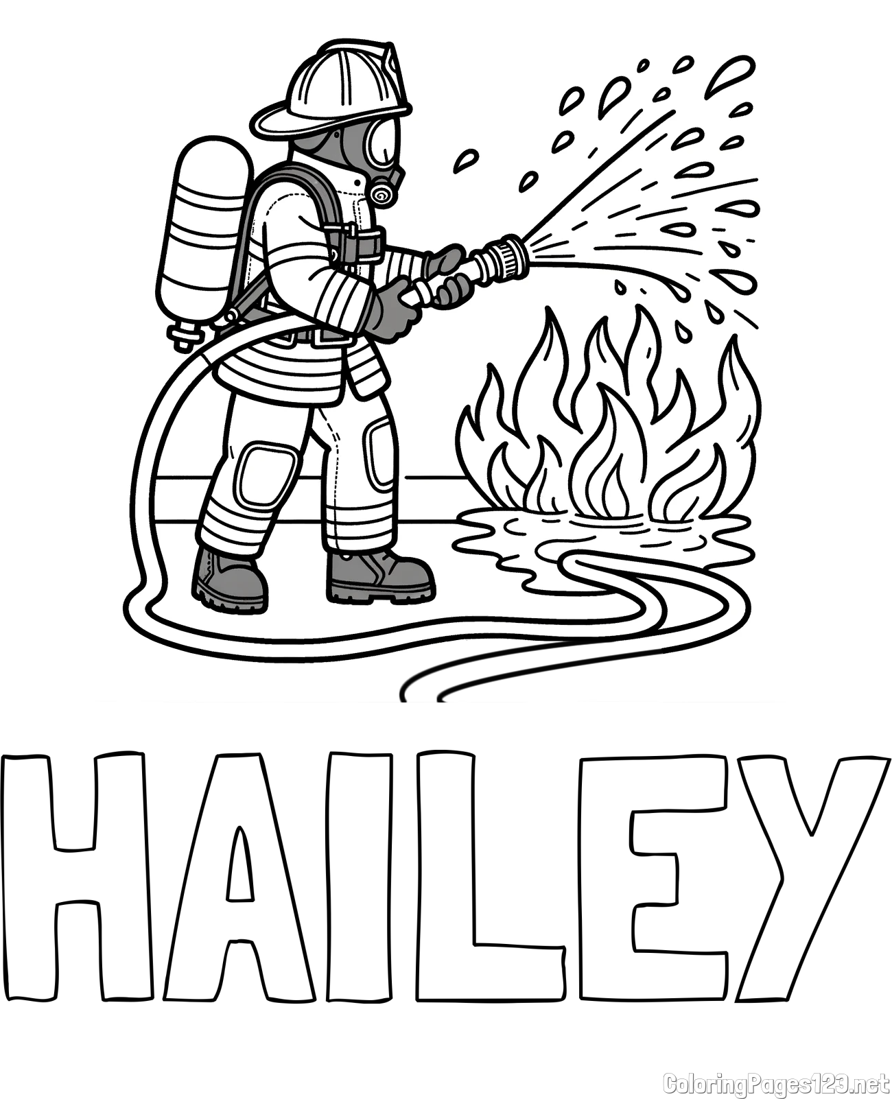 HAILEY Coloring Page and A coloring page of a firefighter and a big fire