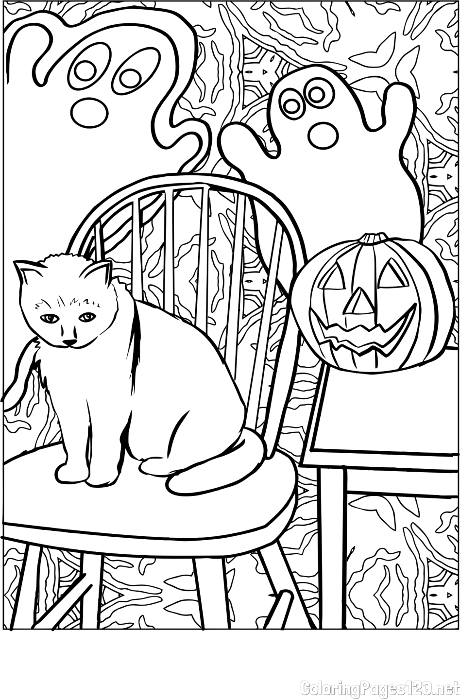 Halloween Coloring Page of a Cat with Pumpkin and Spooky Ghosts
