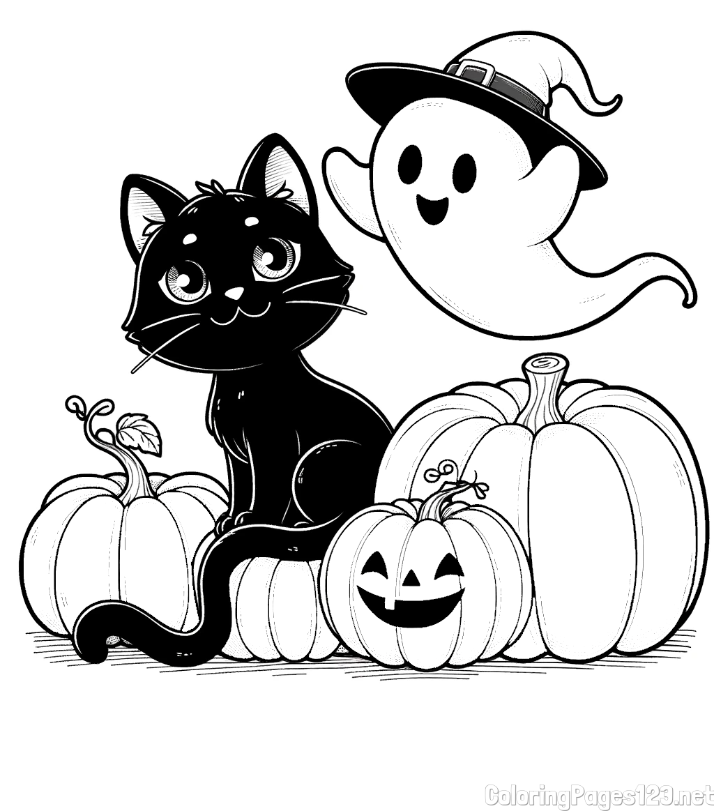 Halloween Pumpkin Coloring Page for Kids - Happy Cat, Ghost, and Pumpkins