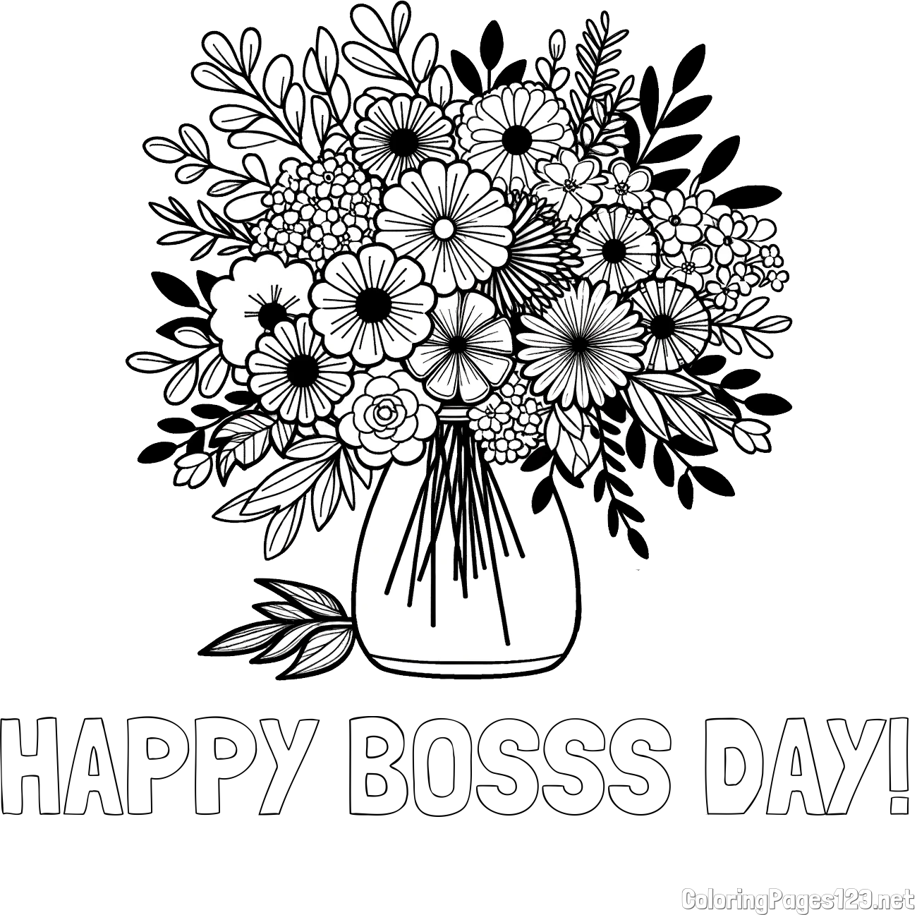 HAPPY BOSSS DAY! Coloring Page and Flower Bouquet Coloring Page