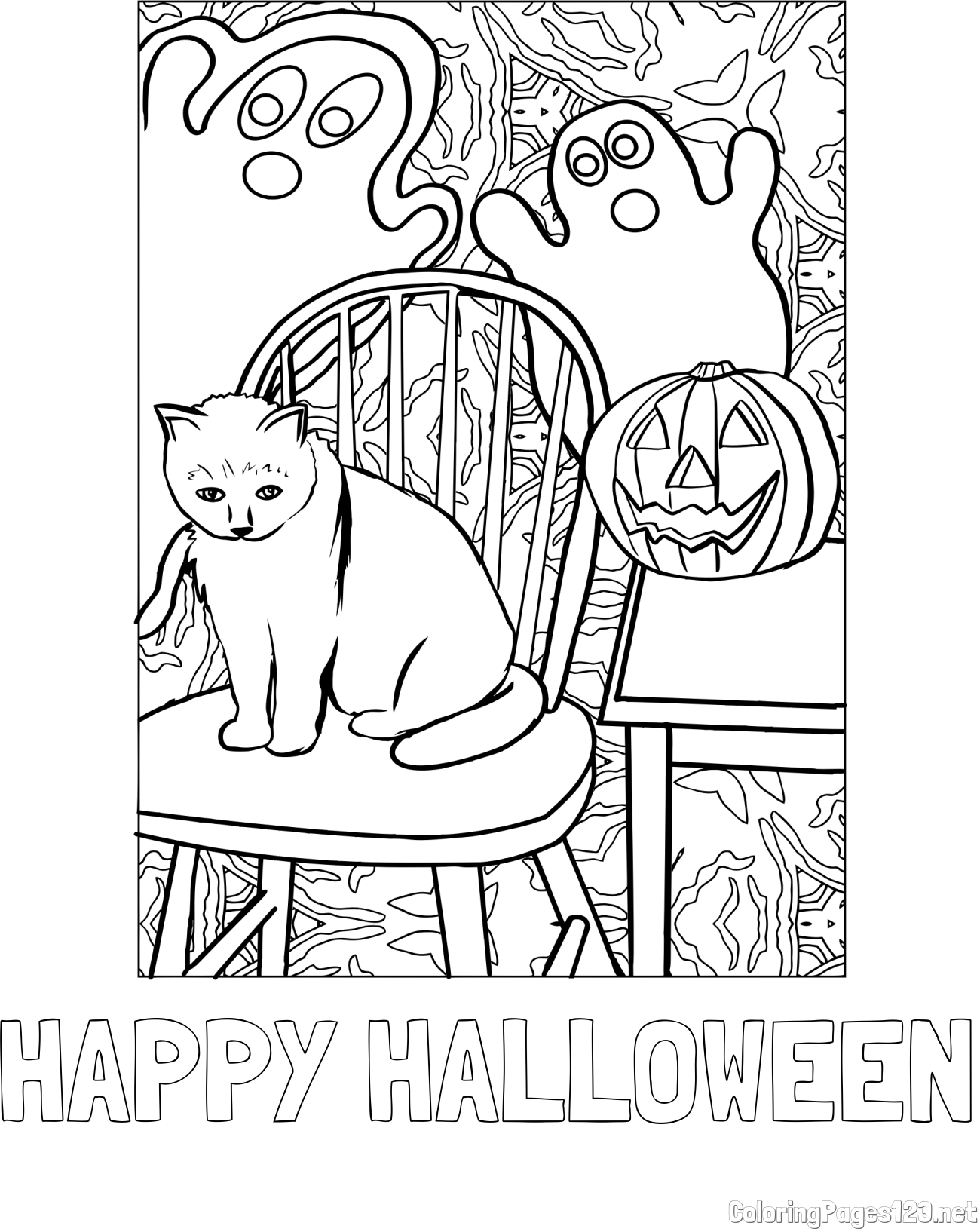 HAPPY HALLOWEEN Coloring Page and Halloween Coloring Page of a Cat with Pumpkin and Spooky Ghosts
