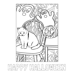 Online Created Coloring Page - HAPPY HALLOWEEN Coloring Page and Halloween Coloring Page of a Cat with Pumpkin and Spooky Ghosts
