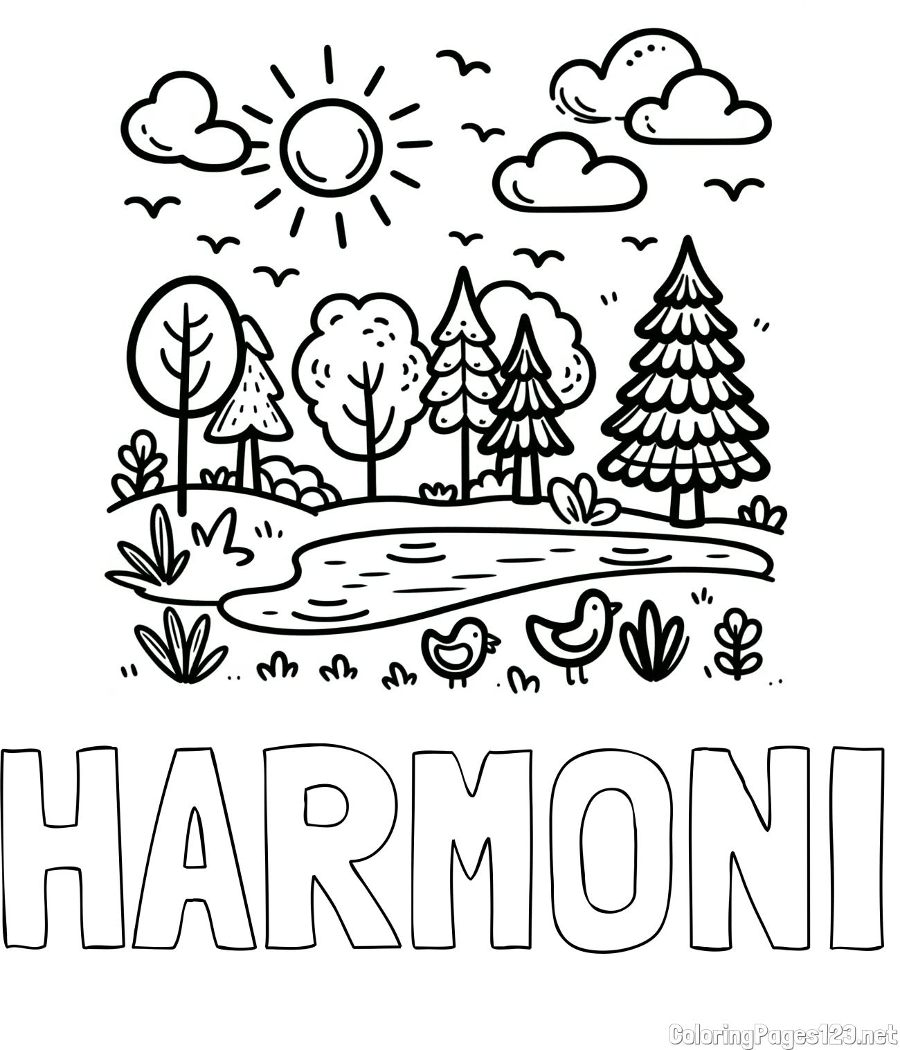 HARMONI Coloring Page and Summer Coloring Page - Pond, Ducks and Forest