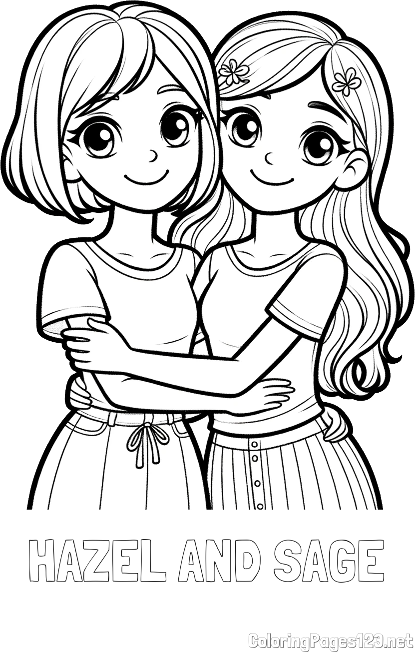 HAZEL AND SAGE Coloring Page and Coloring Page of Two Cute Girls Hugging Each Other (Best Friends Forever)