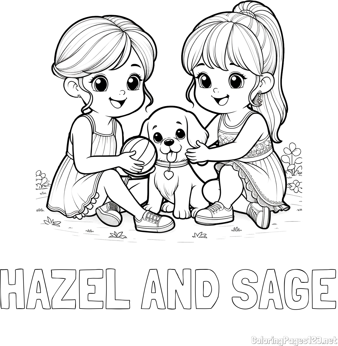 HAZEL AND SAGE Coloring Page and Coloring Page of Two Girls with a Dog